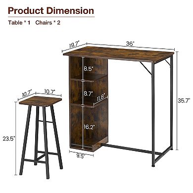 Small Dining Table Set, Kitchen Table And Stool Set, 3-Piece Bar Table Set With Storage Drawer