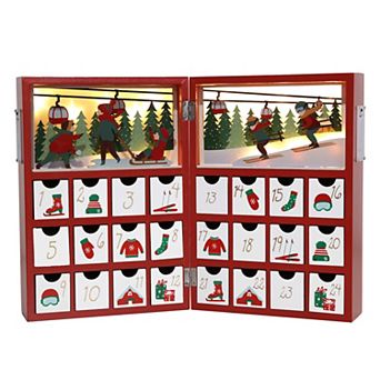 Polar Elegance Christmas Wooden Advent Calendar Book with LED lighting Red Christmas Skiing Scenes