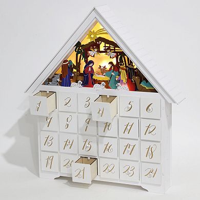 Polar Elegance Xmas Wooden Advent Calendar Nativity Scene Large House with Drawers and Led Lights