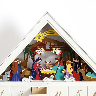 Polar Elegance Xmas Wooden Advent Calendar Nativity Scene Large House with Drawers and Led Lights