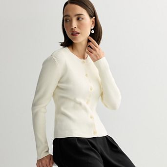 Women's Nine West Fitted Rib Crew Neck Sculpt Cardigan