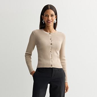 Women's Nine West Fitted Rib Crew Neck Sculpt Cardigan