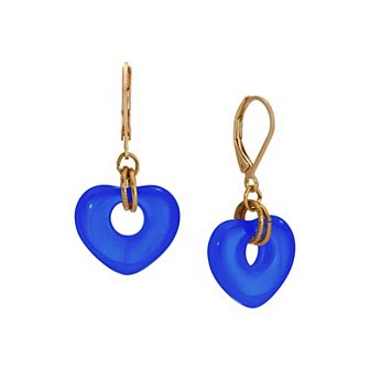 1928 Gold Tone Glass Heart Drop Leverback Earrings