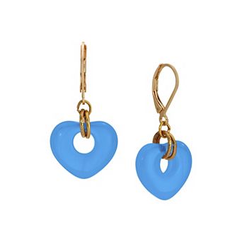 1928 Gold Tone Glass Heart Drop Leverback Earrings