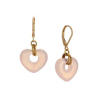 1928 Gold Tone Glass Heart Drop Leverback Earrings