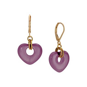 1928 Gold Tone Glass Heart Drop Leverback Earrings