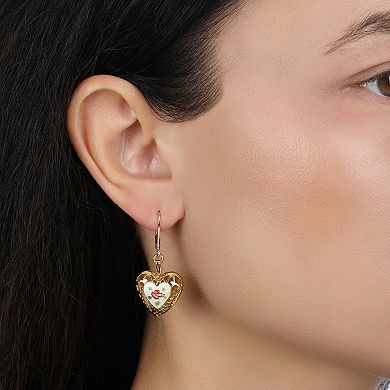 1928 Heart Floral Enamel Leverback Earrings