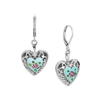 1928 Heart Floral Enamel Leverback Earrings