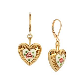 1928 Heart Floral Enamel Leverback Earrings