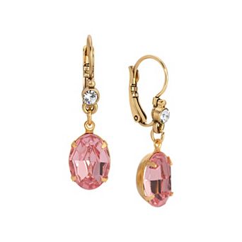 1928 Gold Tone Pink Oval Crystal Leverback Earrings