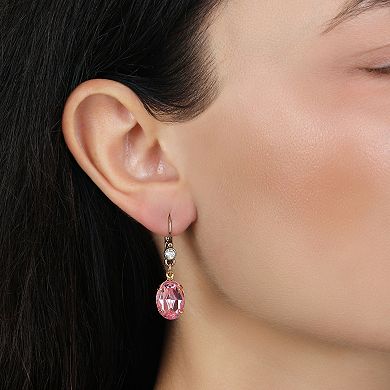 1928 Gold Tone Pink Oval Crystal Leverback Earrings