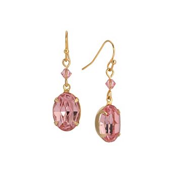 1928 Gold Tone Pink Oval Crystal Wire Earrings