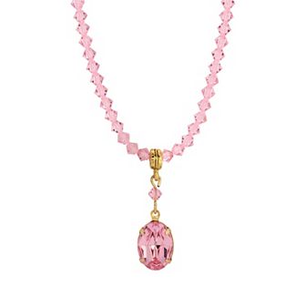 1928 Gold Tone Pink Bead Oval Crystal Necklace