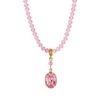 1928 Gold Tone Pink Bead Oval Crystal Necklace