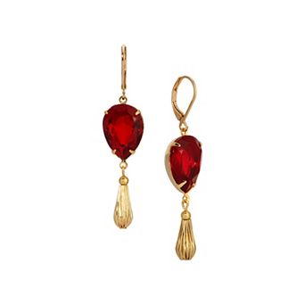1928 Gold Tone Red Teardrop Crystal Drop Earrings
