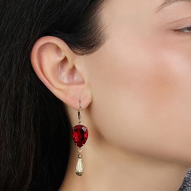 1928 Gold Tone Red Teardrop Crystal Drop Earrings