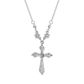 1928 Silver Tone Cross Clear Crystal Necklace
