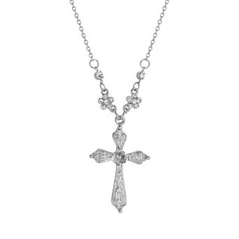 1928 Silver Tone Cross Clear Crystal Necklace