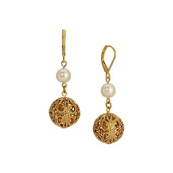 1928 Gold Tone Simulated Pearl and Filigree Round Bead Drop Earrings