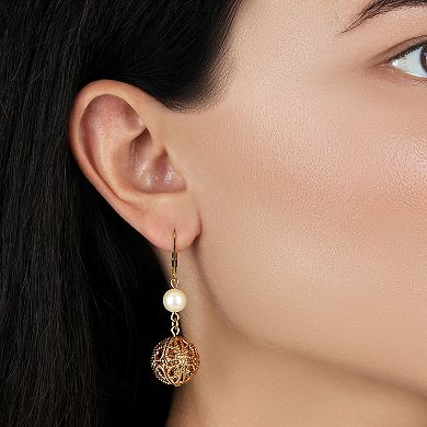 1928 Gold Tone Simulated Pearl and Filigree Round Bead Drop Earrings