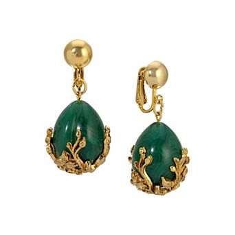 1928 Gold Tone Green and Gold Bead Drop Clip-On Earrings