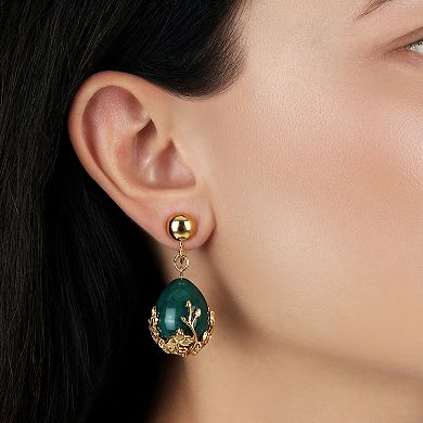 1928 Gold Tone Green and Gold Bead Drop Clip-On Earrings