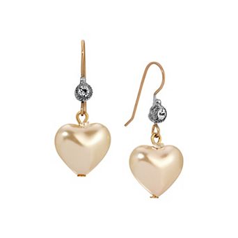 1928 Gold Tone Heart Shaped Simulated Pearl Clear Crystal Earrings