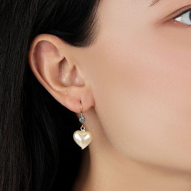 1928 Gold Tone Heart Shaped Simulated Pearl Clear Crystal Earrings