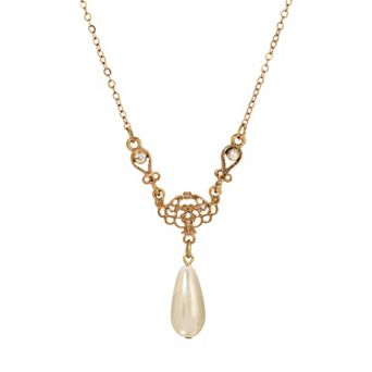 1928 Gold Tone Crystal and Simulated Pearl Drop Y-Necklace