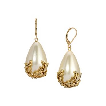 1928 Gold Tone Simulated Pearl and Gold Bead Drop Earrings