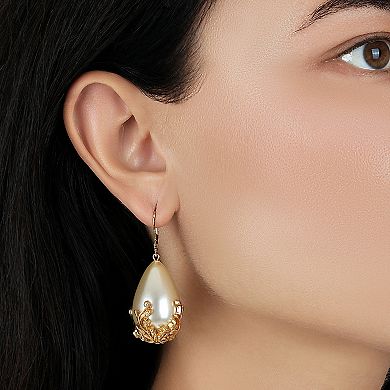 1928 Gold Tone Simulated Pearl and Gold Bead Drop Earrings