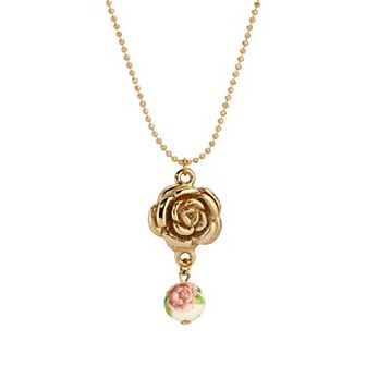 1928 Gold Tone Flower Pendant & White Flower Bead Drop Necklace