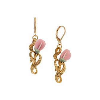 1928 Gold Tone Pink and White Flower Drop Earrings