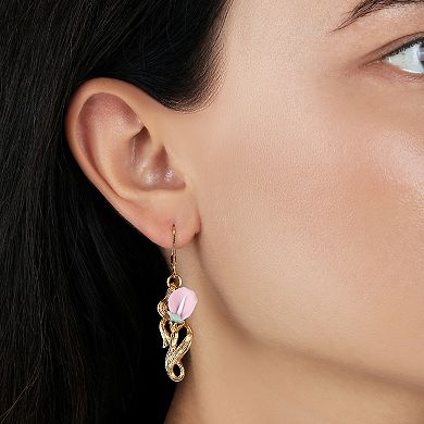 1928 Gold Tone Pink and White Flower Drop Earrings
