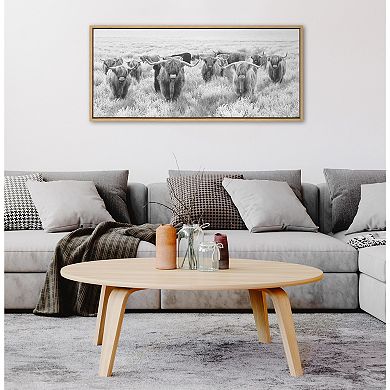 Sylvie Herd of Highland Cows Black and White Framed Canvas by The Creative Bunch Studio