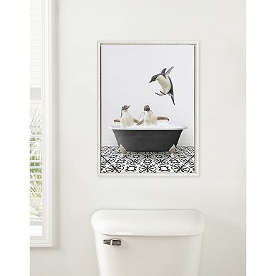 Sylvie Beaded Penguins in Black and White Stencil Bath Framed Canvas by Amy Peterson
