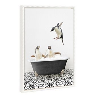 Sylvie Penguins in Classic Black and White Bath Framed Canvas by Amy Peterson