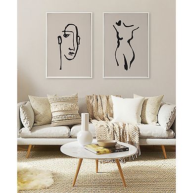 Sylvie Minimalist Neutral Line Art Drawing Face Framed Canvas by The Creative Bunch Studio