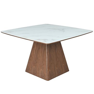 LeisureMod 5-Piece Dining Set, Square Dining Table White Sintered Stone Top, 4 Leather Dining Chairs
