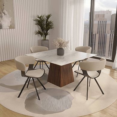LeisureMod 5-Piece Dining Set, Square Dining Table White Sintered Stone Top, 4 Leather Dining Chairs