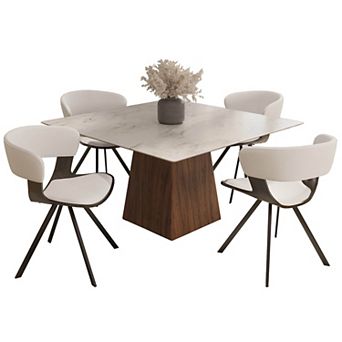 LeisureMod 5 pc Dining Set, Square Dining Table White Sintered Stone Top, 4 Leather Dining Chairs