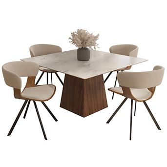 LeisureMod 5 pc Dining Set, Square Dining Table White Sintered Stone Top, 4 Leather Dining Chairs