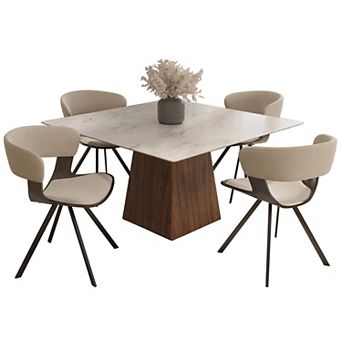 LeisureMod 5 pc Dining Set, Square Dining Table White Sintered Stone Top, 4 Leather Dining Chairs