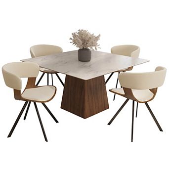 LeisureMod 5 pc Dining Set, Square Dining Table White Sintered Stone Top, 4 Leather Dining Chairs