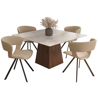 LeisureMod 5 pc Dining Set, Square Dining Table White Sintered Stone Top, 4 Leather Dining Chairs