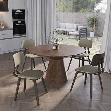 LeisureMod 5-Piece Dining Set with Round Wooden Table in Walnut Wood and 4 Leather Dining Chairs