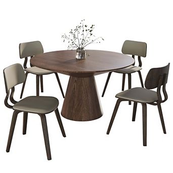 LeisureMod 5 pc Dining Set with Round Wooden Table in Walnut Wood and 4 Leather Dining Chairs