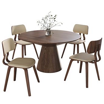 LeisureMod 5 pc Dining Set with Round Wooden Table in Walnut Wood and 4 Leather Dining Chairs