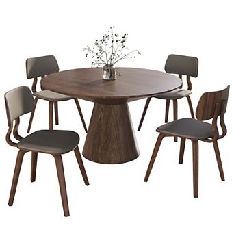 LeisureMod 5 pc Dining Set with Round Wooden Table in Walnut Wood and 4 Leather Dining Chairs