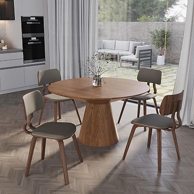 LeisureMod 5-Piece Dining Set with Round Wooden Table in Natural Wood and 4 Leather Dining Chairs